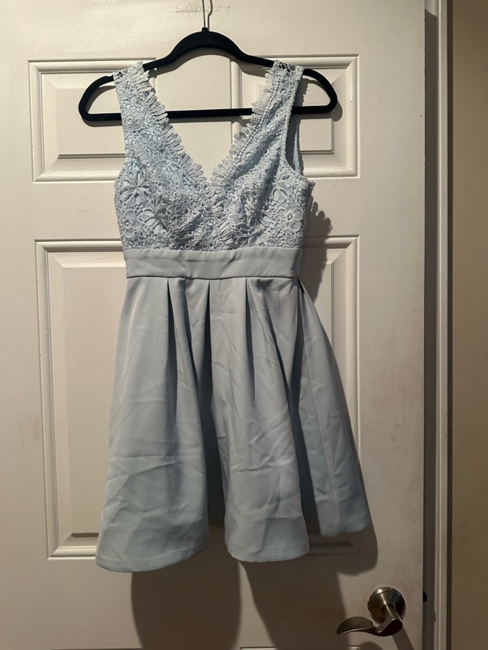 Light Blue Lace V-Neck Mini Dress with Pleated Skirt